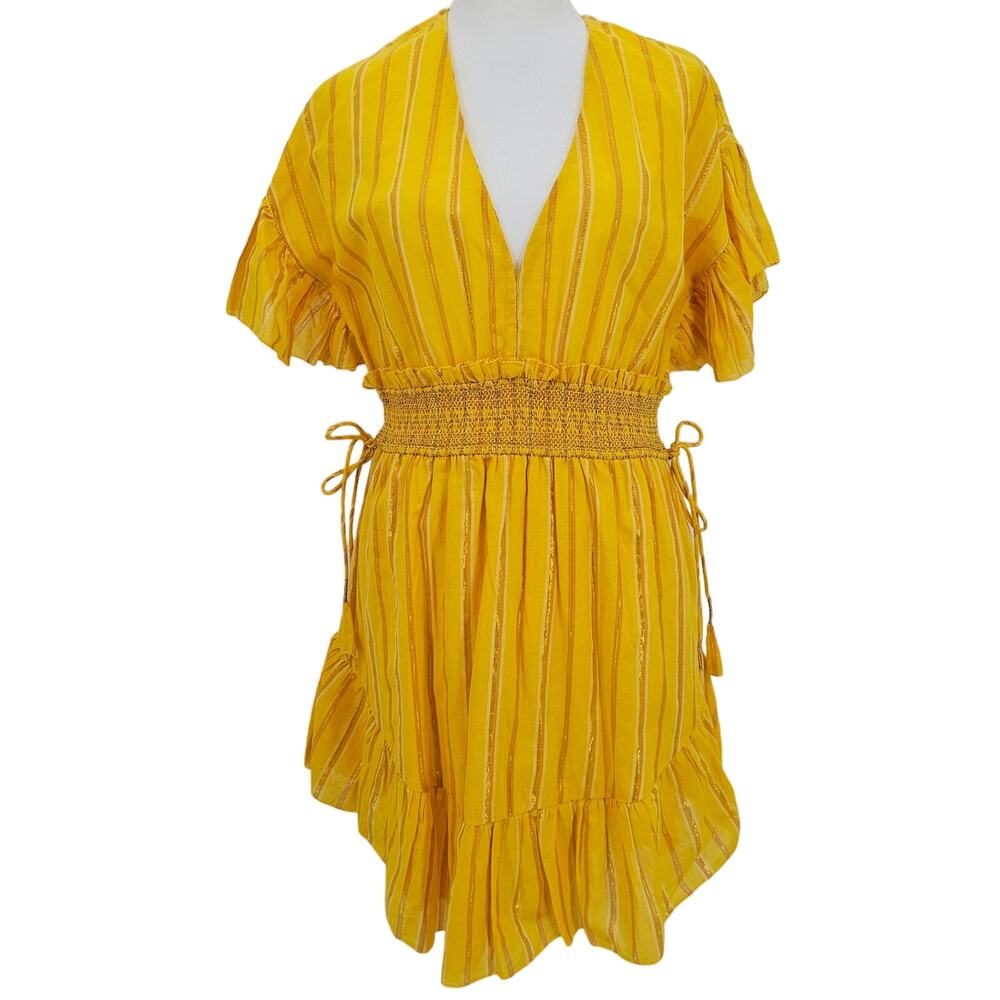 Saylor Womans size M Adrianne Yellow Stripe V-Neck Mini Dress Ruffles Ties NEW